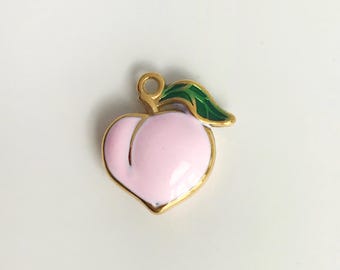 Pink Peach Charm: 18k Gold Plated Stainless Steel Enamel Peach Fruit Pendant