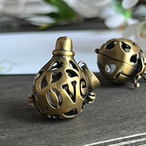 Puede incluir: Dos adornos de metal dorado en forma de jaula con la palabra "LOVE" recortada en el diseño. Los adornos son redondos y tienen un pequeño lazo en la parte superior para colgar.