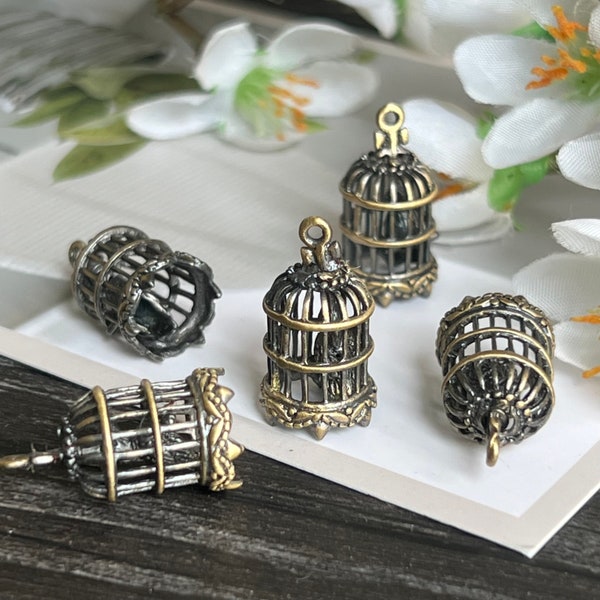 5 pièces pendentif cage à oiseaux en laiton, bronze antique - fabrication de bijoux - breloque cage à oiseaux 3D