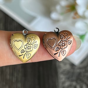 May include: Two heart-shaped locket pendants with floral designs. One is gold-toned and the other is copper-toned.