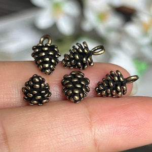 Little Brass Pinecone Charm- Jewelry Supply- 3D Pine Cones in Antique Bronze Finish