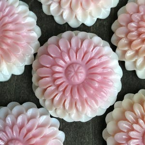 Può includere: Primo piano di diversi abbellimenti a forma di fiore rosa e bianco. I fiori hanno un design a petali stratificati con un centro rosa più scuro e un bordo esterno bianco. Gli abbellimenti sono disposti su una superficie scura.