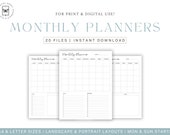 Monthly Planner Printable, Monthly Template, Print Calendar, Undated Planner, Sunday/Monday Start, Monthly, A4/Letter, Goodnotes, Digital