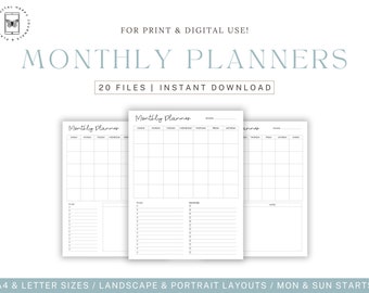 Monthly Planner Printable, Monthly Template, Print Calendar, Undated Planner, Sunday/Monday Start, Monthly, A4/Letter, Goodnotes, Digital
