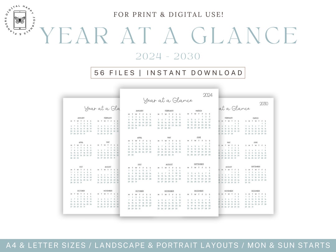 202430 Yearly Calendars Printable, Year Wall Calendar, Desk Calendar, Sunday/monday Start, Year