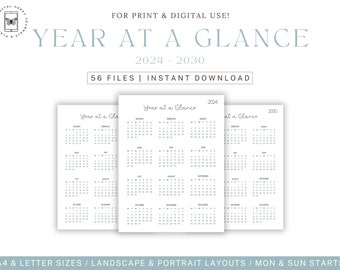 2024-30 Yearly Calendars Printable, Year Wall Calendar, Desk Calendar, Sunday/Monday Start, Year at a Glance, A4/Letter, Goodnotes, Digital