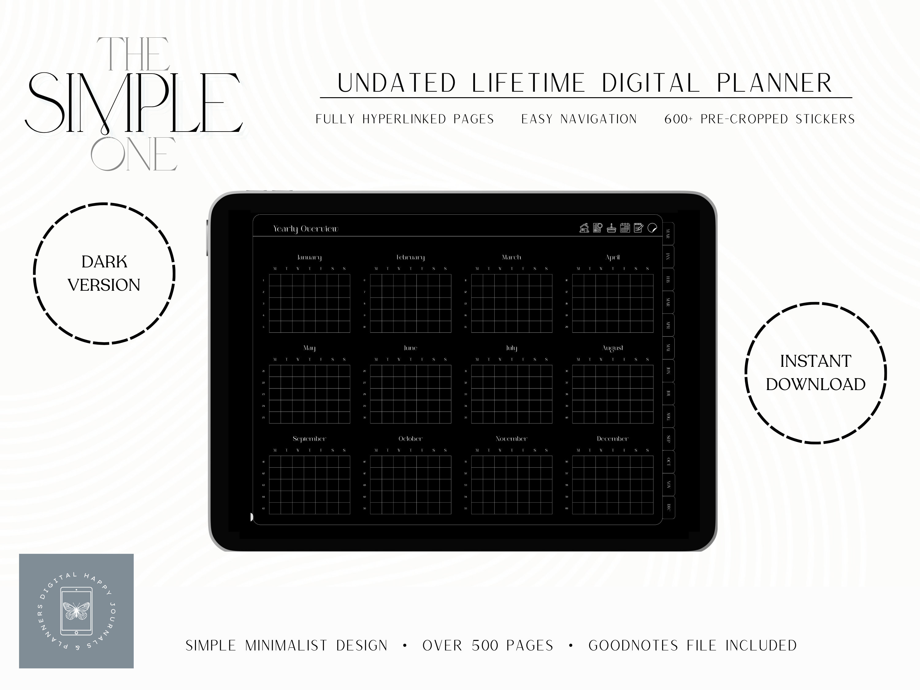 Undated Digital Planner, Dark Mode, Goodnotes, Notability, iPad & Tablet, Minimalist Planner, iPad Diary, Goodnotes Stickers, The Planner