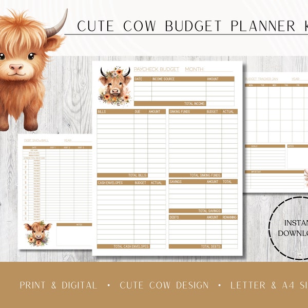 Cute Highland Cow Budgeting Set! Cash Stuffing, Budget Planner, Print & Digital, Budgeting Sheets