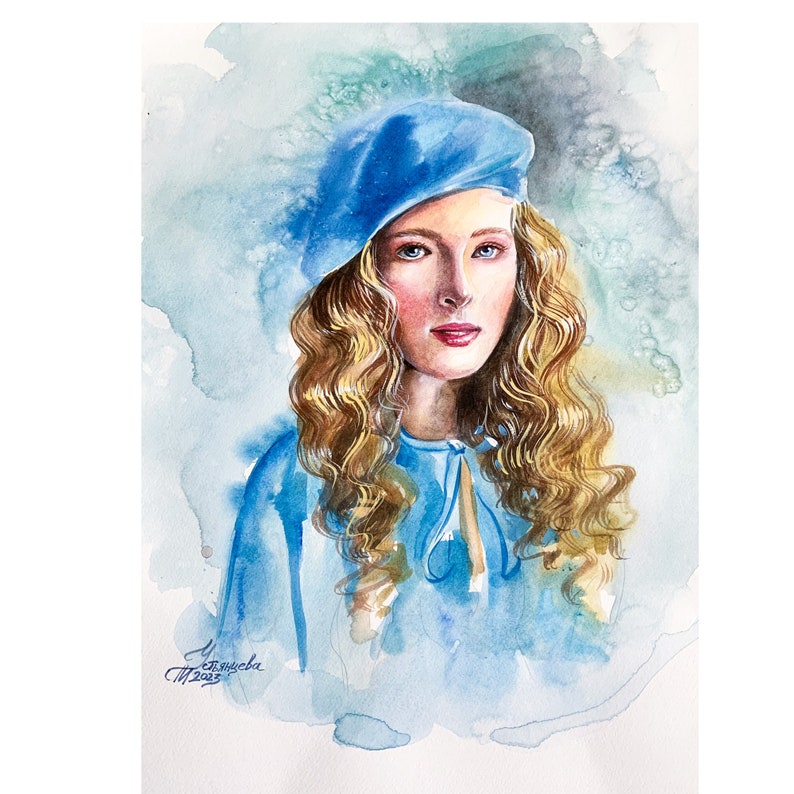 Portrait Girl of a Blue Beret Watercolor Painting Birthday Etsy
