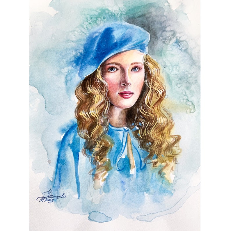 Portrait Girl of a Blue Beret Watercolor Painting Birthday Etsy