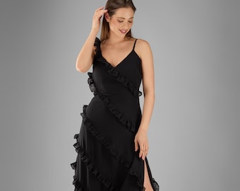 Daphne Ruffle Midi Dress - BLACK