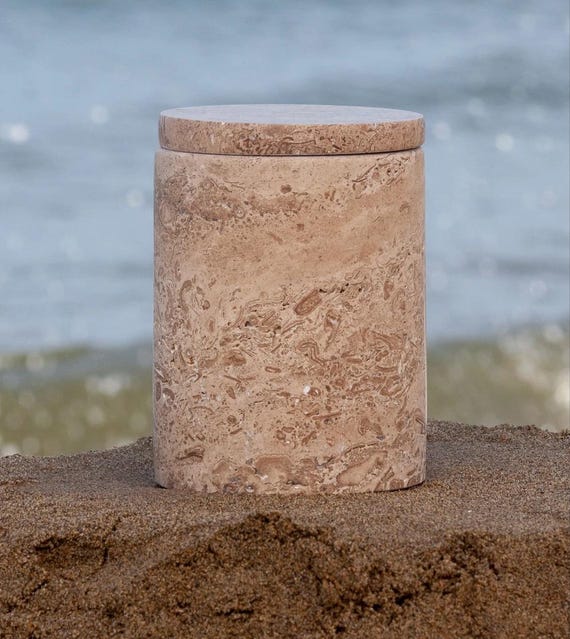 Handmade Beige Travertine Jar with Lid Home Decor Container