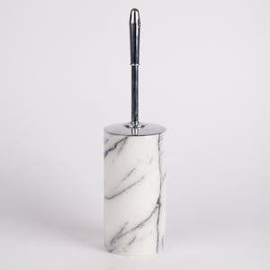 May include: White marble toilet brush holder with a chrome handle.