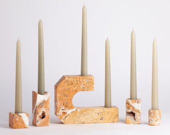 Handmade Orange Travertine Candlestick Holder Set Unique Stone Decor (5 pcs)