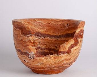 Bol de travertino naranja hecho a mano, pieza central de piedra única (7,1")