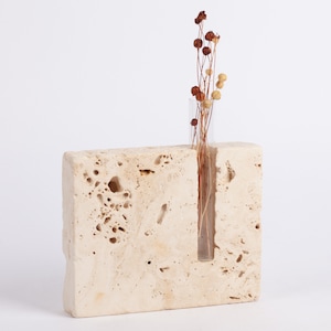 May include: A beige stone vase with a clear glass tube insert for dried flowers. The vase has a rough, textured surface.