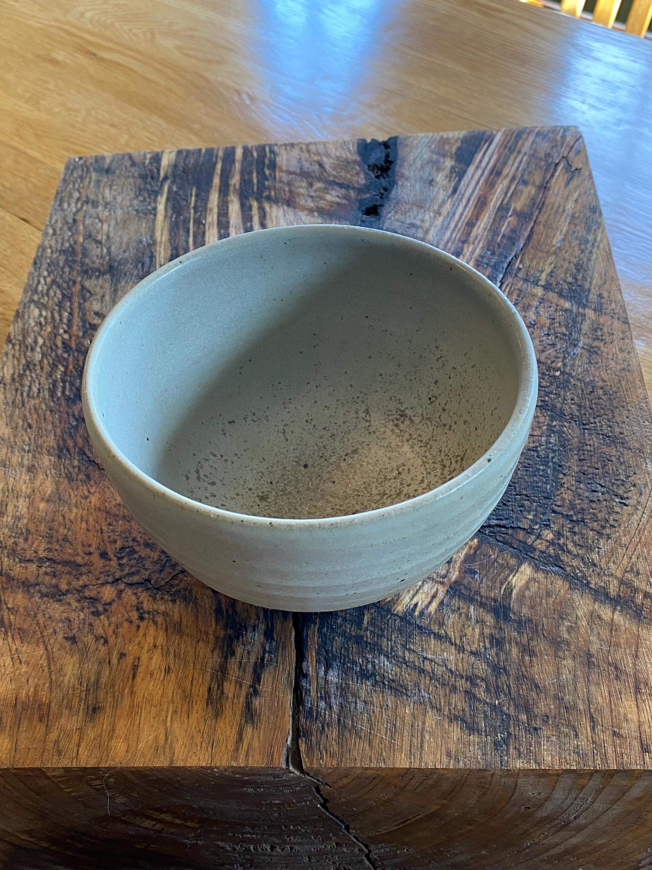 wood-fired stoneware pottery bowl with warren oatmeal and natural ash glaze