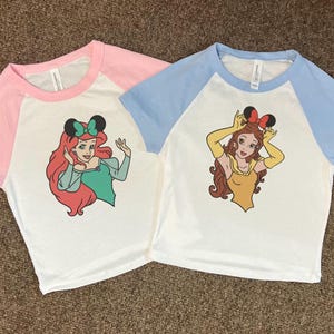 Princess Baby Tee, Cute Disney Crop, Disney Princess Womens,  WDW Dsneyland Ariel Tiana, Ears Bows shirt, Jasmine Belle top