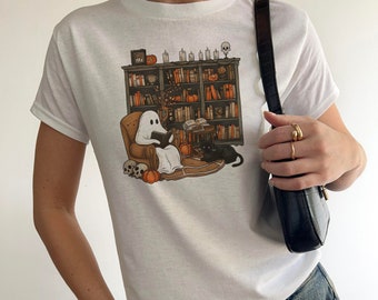 Ghost and Books Halloween, Haunted Book lover Baby tee, Black cat Horror Vintage, Skeleton Pumpkin Ghost Crop Tank