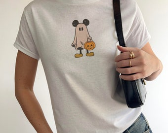 Mickey Ghost Halloween Baby tee, Mickey Ghost coquette, Womens Simple Disneyworld spooky tshirt, Not so scary party, cute disney 90s fit