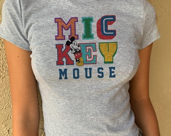 Mickey Mouse 90s Baby tee, Grey Disneyworld Crop, Colorful Classic Mickey Crop Tank, Cute Mickey Womens Tee, Disneyland Girlie tank shirt