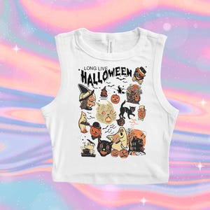 Long Live Halloween Crop Tank, Retro Halloween Black Cat Baby Tee, Ghosts Pumpkins Witches, Retro Halloween Black Cat, Witch, Pumpkin 90s T