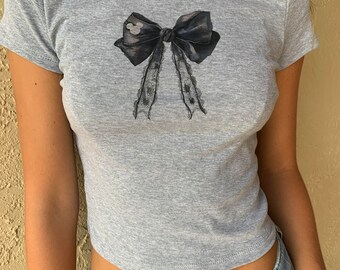 Retro Bow Coquette Vibes Baby Tee, Halloween Bow Baby Tee, Black Bow Mickey Crop Tank, Cute Mickey Baby Tee, Me and Mickey Vibe womens tee