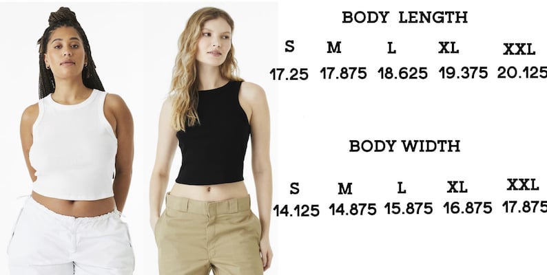 Puede incluir: Dos mujeres con crop tops sin mangas. La parte superior izquierda es blanca y la parte superior derecha es negra. Se muestra una tabla de tallas con medidas en pulgadas para la longitud del cuerpo y el ancho del cuerpo.