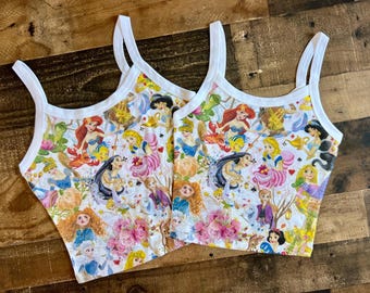 Princess Crop Tank, Ariel Snow White Disney Summer, Brave Merida vacation, Womens WDW Walt Disney summer tank, All over print crop