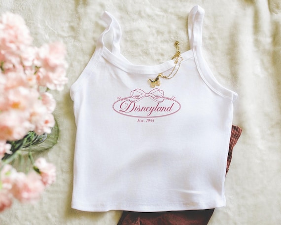 Coquette Disneyland 1955 Crop Tank, Whimsical Bow Castle Graphic, Thin Strap Fairytale Top, Soft Theme Park Outfit, Magical Vacation Style