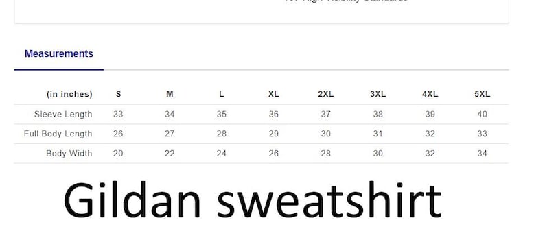 Puede incluir: Tabla de tallas para una sudadera Gildan en pulgadas. La tabla muestra la longitud de la manga, la longitud total del cuerpo y el ancho del cuerpo para las tallas S a 5XL.