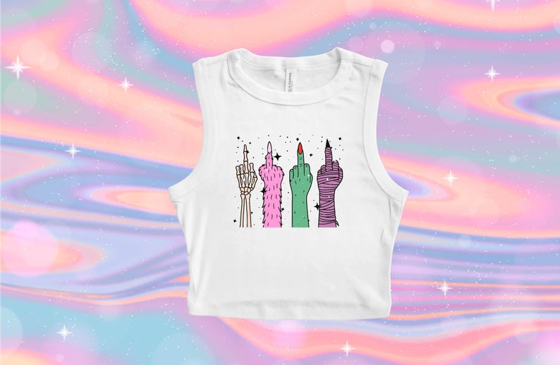 May include: White sleeveless crop top featuring a graphic of four hands giving the middle finger. The hands are depicted in various styles: a skeleton hand, a pink furry hand, a green hand, and a wrapped hand.