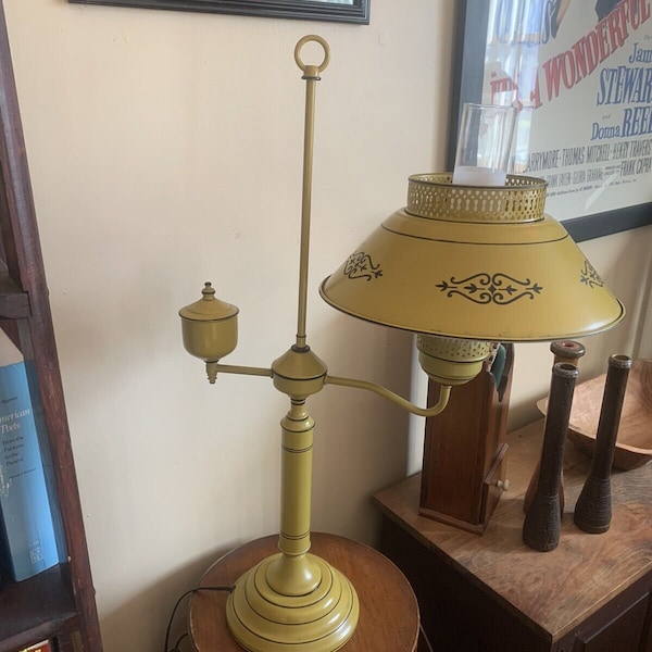 Vintage ToleWare Student Desk Table Lamp Mustard Yellow Hurricane Milk Glass