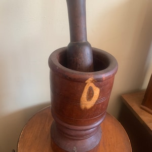 Antique Wooden Mortar & Pestle Hardwood 10 in Tall