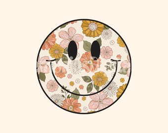 Retro Floral Happy Face PNG: Girly T-Shirt Sublimation (Digital Download)