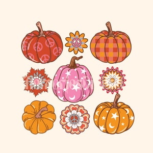 Groovy Peace and Plaid Pumpkin with Hippie Flower PNG Design File Digital Download, Fall Floral Pumpkin PNG Files for Cricut Machine