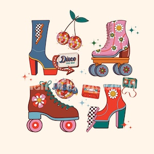 Groovy Boots and Roller Skates with Disco Ball PNG File Sublimation Download Design File for Cricut Machine, Hippie Shirt Design PNG Files