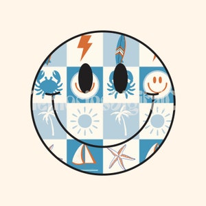 Zomer jongens glimlach gezicht png, retro geruit blij gezicht png, zomer png, palmbomen png, donder png, jongens shirt design