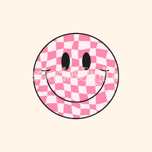 Roze geruit blij gezicht PNG, noodlijdende glimlach gezicht PNG-bestand, golvende Emoji gezicht shirt ontwerpen, meisje glimlach gezicht PNG, shirt PNG 70s ontwerp