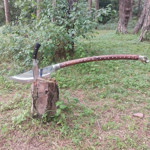 May include: A silver-colored, curved blade with a wooden handle and a dragon head pommel. The blade is resting on a tree stump in a forest setting.