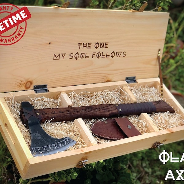 Authentic Hand-Forged Viking Axe Crafted from Carbon Steel, Customizable Wooden Box Included - Perfect Gift for Both Men and Women
