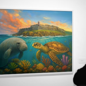 Porto Rico Sea Life Art Print - El Morro, Seekuh & Meeresschildkröte Unterwasserszene | Wildtiere Poster Karibik | Tropischer Ozean Dekor