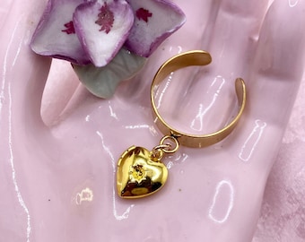 Gold Heart Locket Dangle Ring - Adjustable Charm Ring