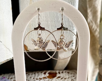 Handmade Angel Hoop Earrings: Gold or Silver Charm Earrings