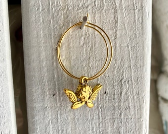 Simple Gold Angel/Cherub Charm hoops ~ 25mm Gold Hoop Earrings