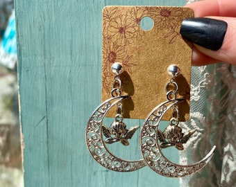 Angel Moon Charm Earrings, Silver Plated Celestial Jewelry, Moon & Angel Dangle Earrings, Unique Earrings