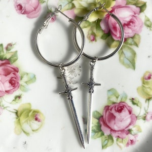 Silver Sword Hoop Earrings ~ Sword Gothic Charm Hoop Earrings ~ Silver Hoops