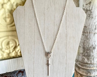 Handmade Sacred Heart & Sword Charm Necklace - Silver Plated 16" Chain