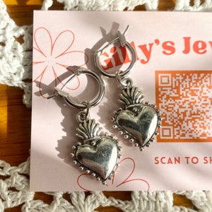 Sacred Heart Charm Hoop Earrings: Silver Huggie Style