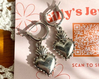 Silver Huggie Earrings with Sacred Heart Charms, Sacred Heart Jewelry